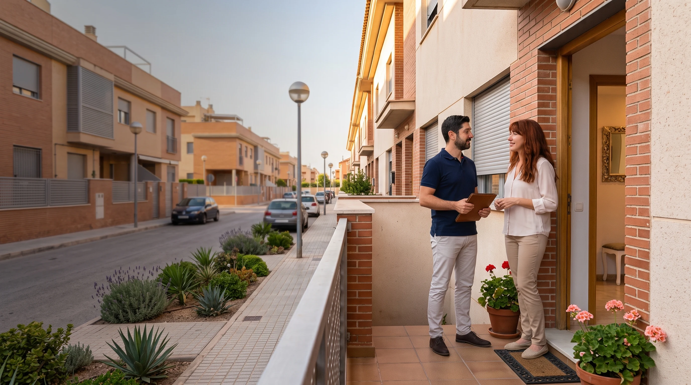 Agente inmobiliario conversando con propietaria en la puerta de una vivienda de Molina de Segura - REMAX Galera