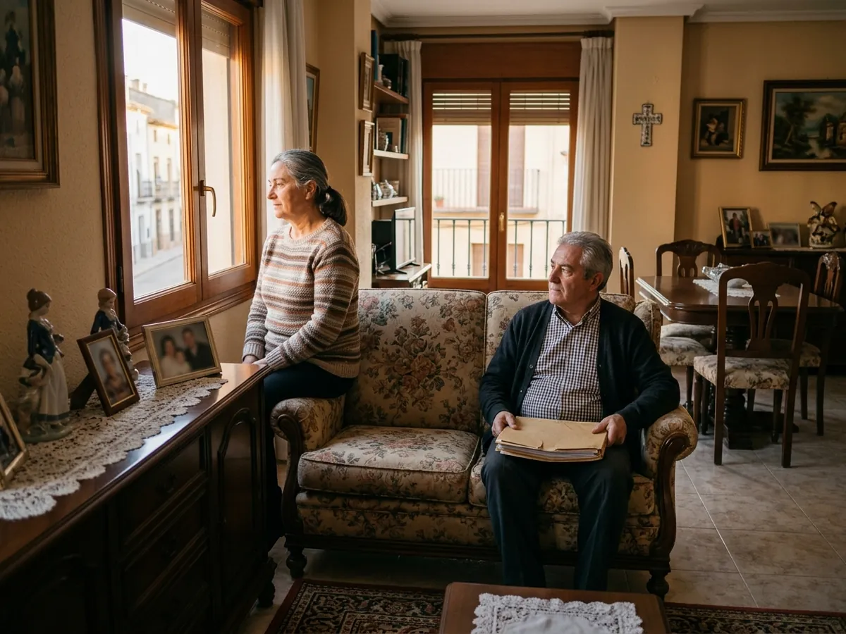 Matrimonio mayor pensativo en el salón de su casa, con una carpeta de papeles, planteándose venderla.