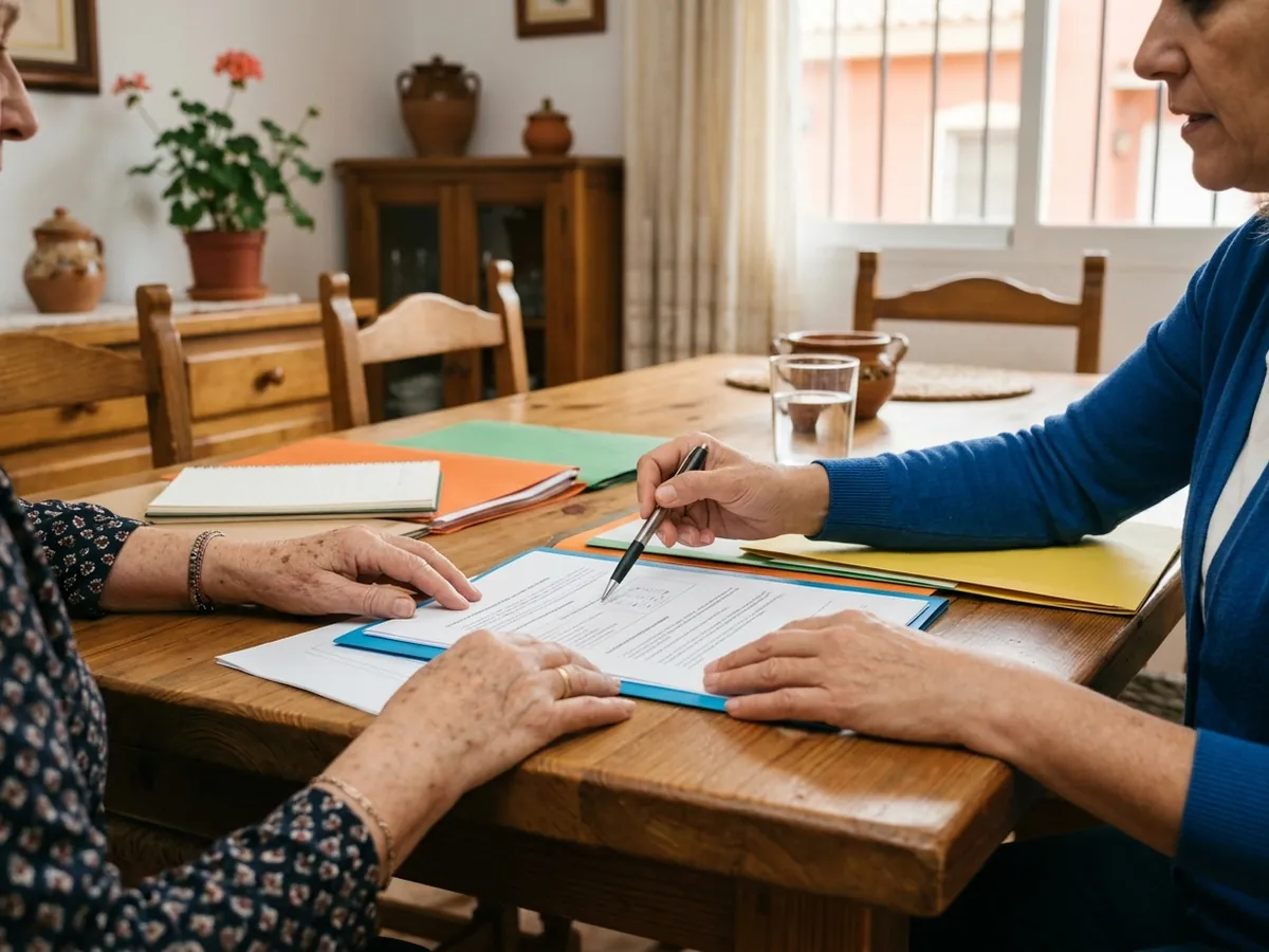 Asesora y propietaria repasando juntas documentos ordenados en carpetas de colores sobre una mesa.