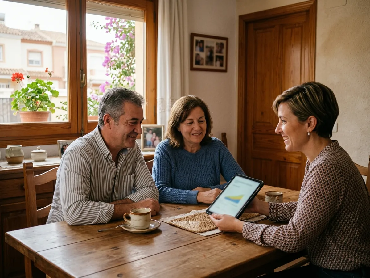 Asesora explicando un plan en una tablet a un matrimonio relajado en la mesa del comedor de su casa.