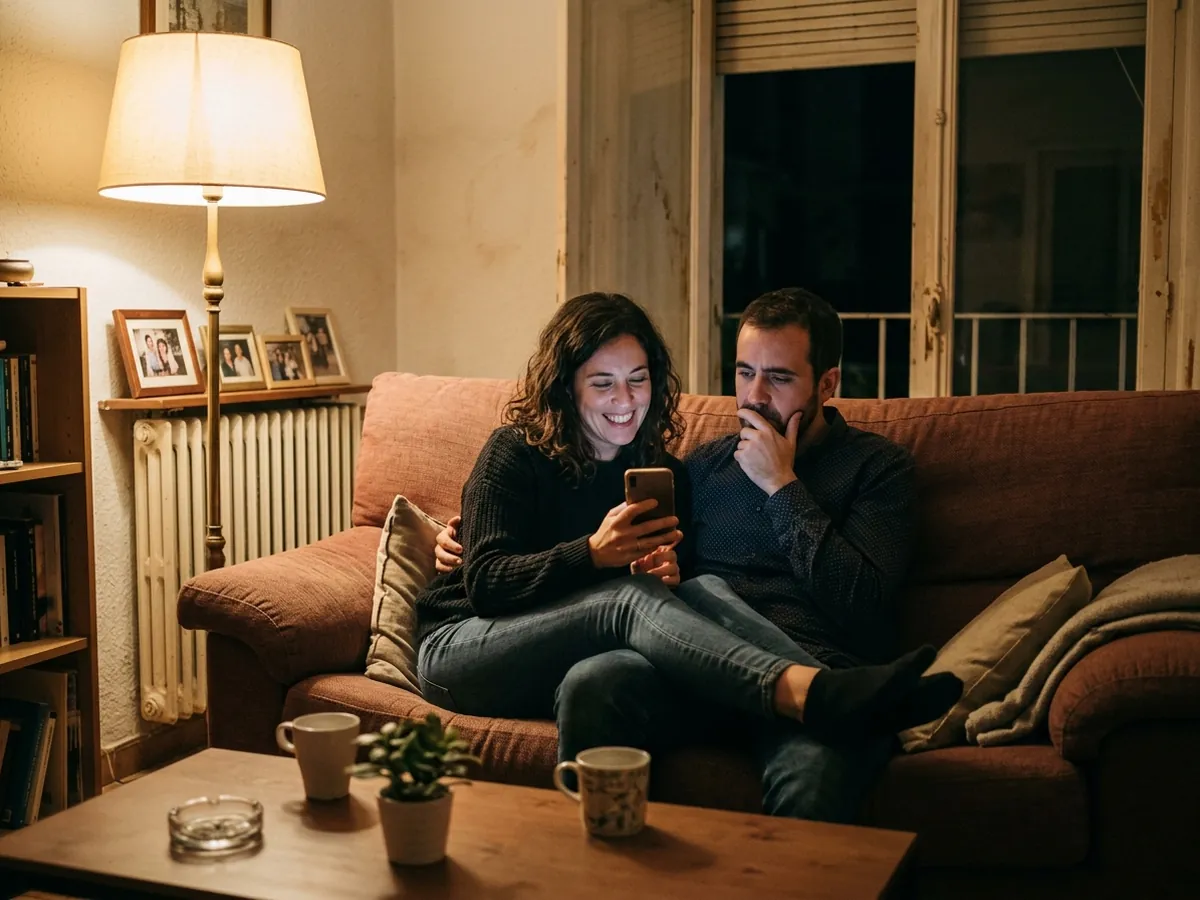 Pareja joven en el sofá de su piso de alquiler mirando viviendas en el móvil, entre la ilusión y la duda.