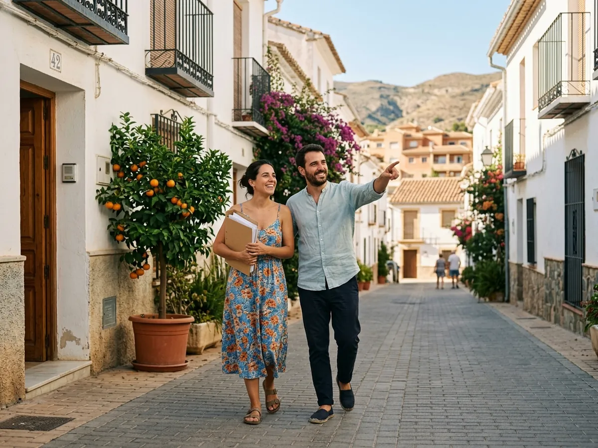 Pareja joven sonriente caminando por una calle soleada con una carpeta, con un plan claro para buscar casa.