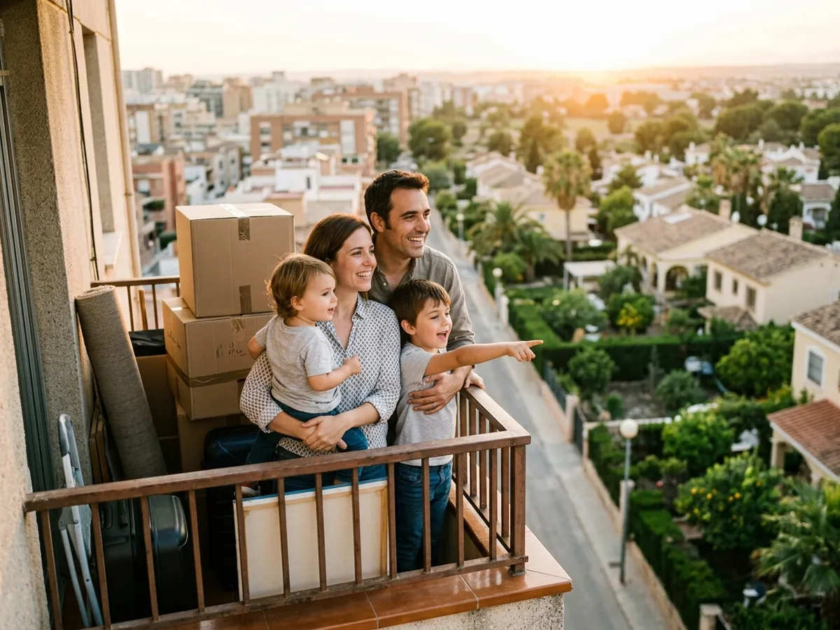 Familia con dos niños en el balcón de su piso mirando ilusionada hacia casas con jardín al atardecer.