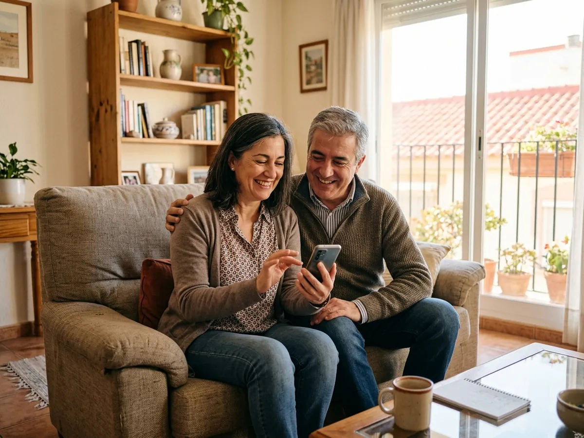 Pareja de unos cincuenta años sonriendo en el sofá al hacer cuentas en el móvil para su próxima casa.