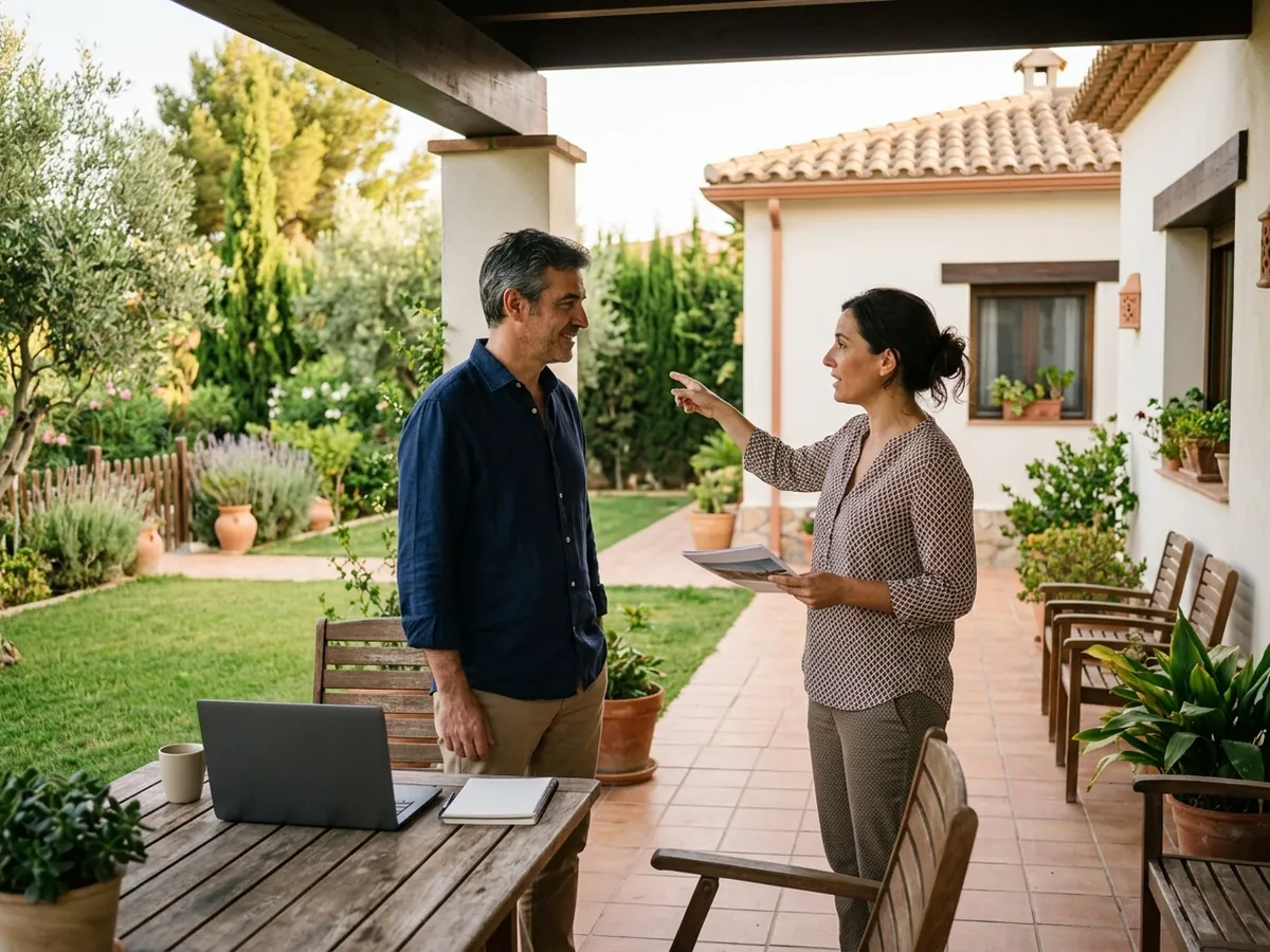 Propietario de chalet conversando en su porche con una agente inmobiliaria que le explica la valoración de su casa.