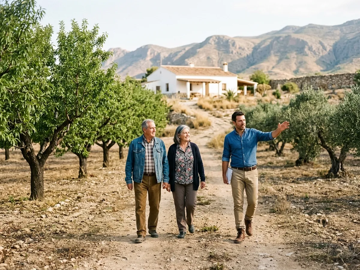 Matrimonio recorriendo su finca de almendros con un agente inmobiliario que les ayuda a valorar el terreno.