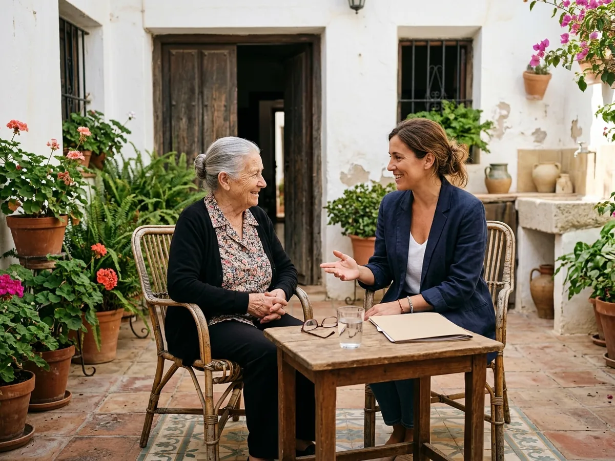 Señora mayor en el patio de su casa de pueblo charlando con una agente que le explica lo que vale su vivienda.