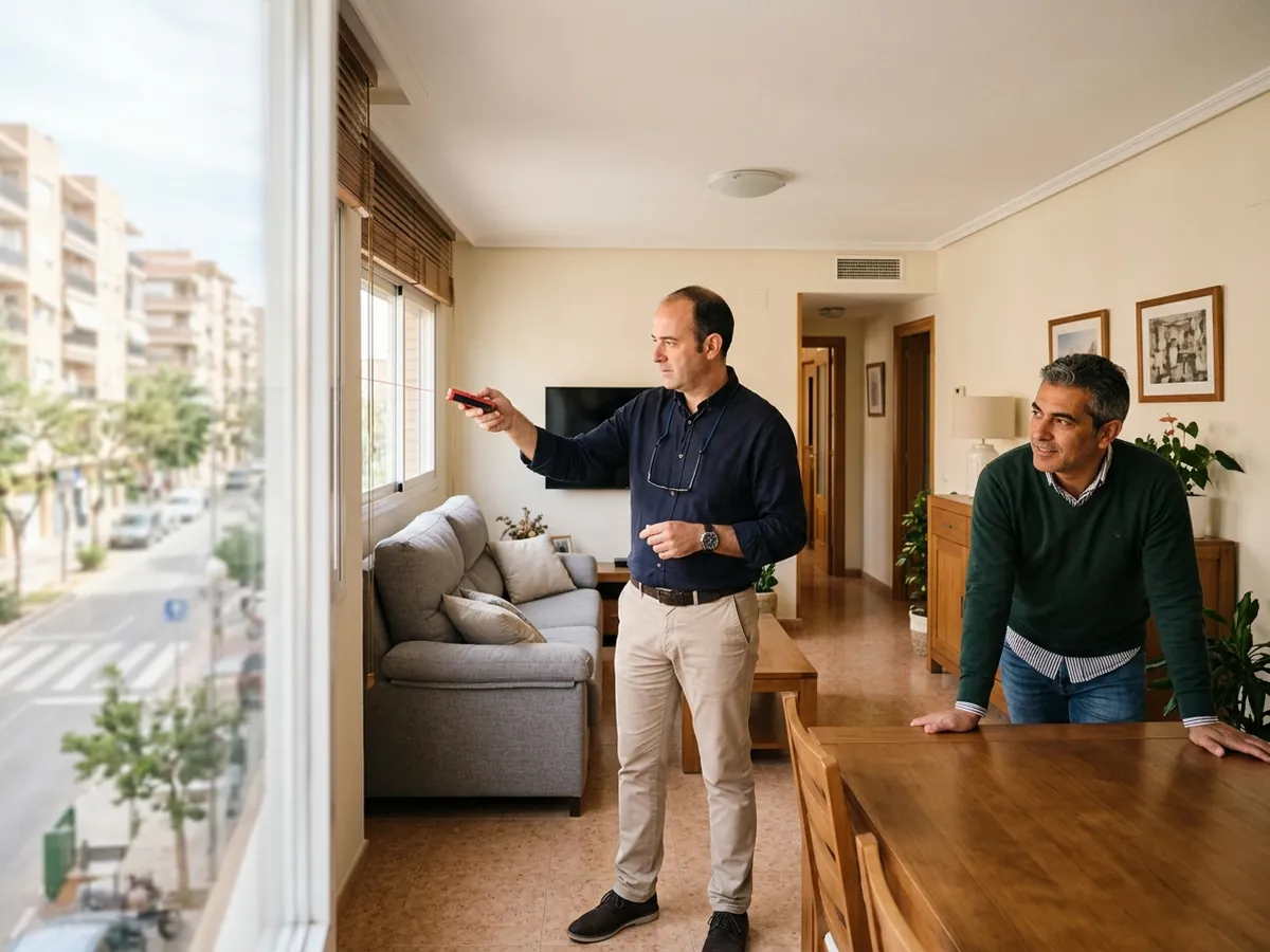 Agente inmobiliario midiendo el salón de un piso luminoso junto al propietario para preparar su valoración.