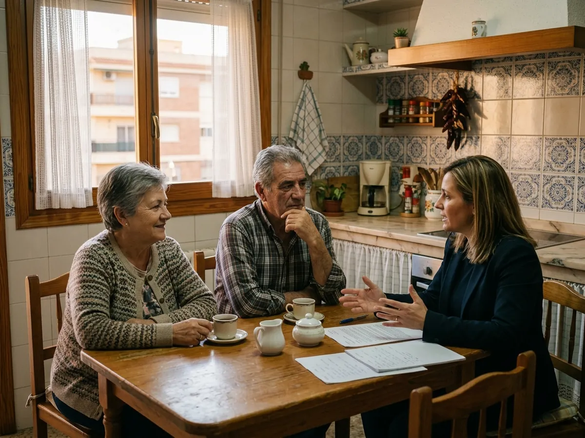 Matrimonio mayor tomando café en la cocina de su piso con una agente que les explica el precio real de su vivienda.