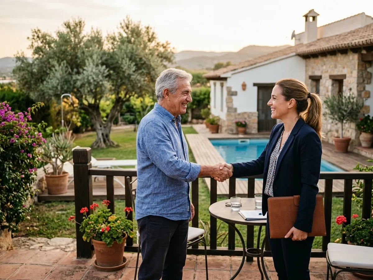 Propietario estrechando la mano a una agente inmobiliaria en la terraza de su casa con un olivo, tras la valoración.