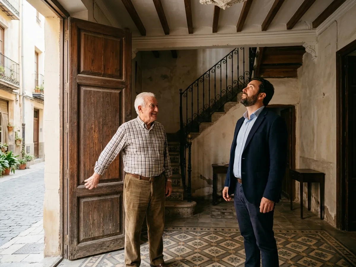 Señor mayor recibiendo a un agente en el zaguán de su casa antigua con suelo hidráulico para valorarla.