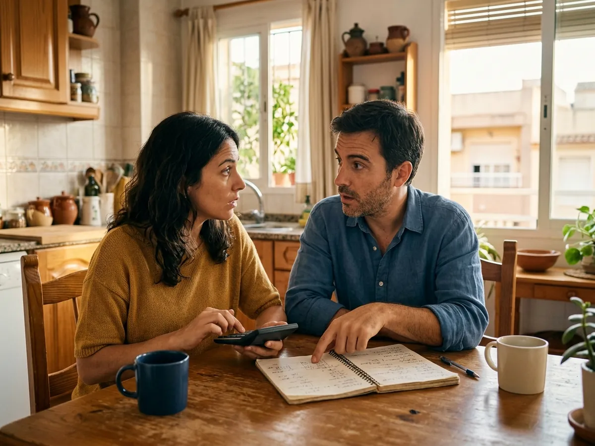 Pareja de unos treinta y cinco años sumando con calculadora y libreta en la cocina los gastos de comprar casa
