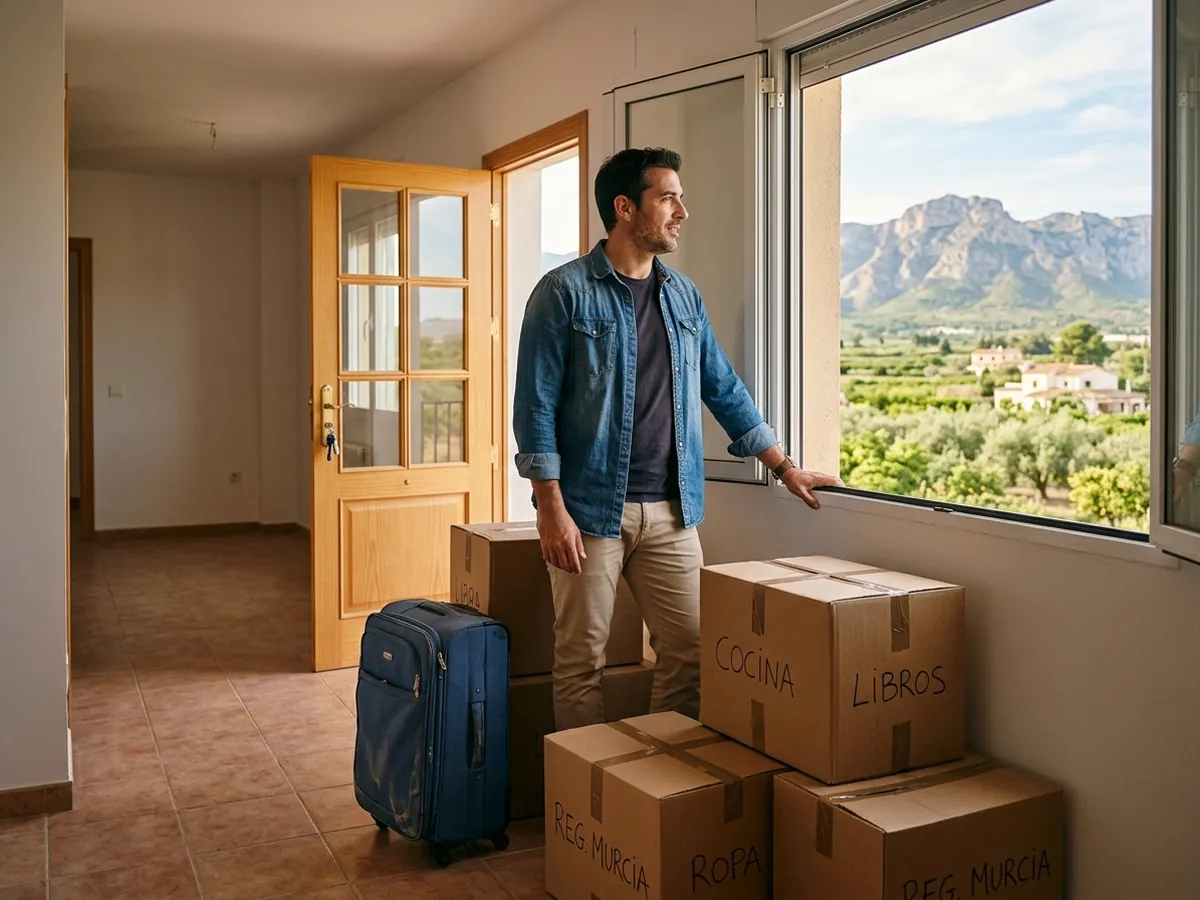 Hombre de unos cuarenta años con cajas de mudanza en una casa vacía mirando por la ventana hacia la huerta