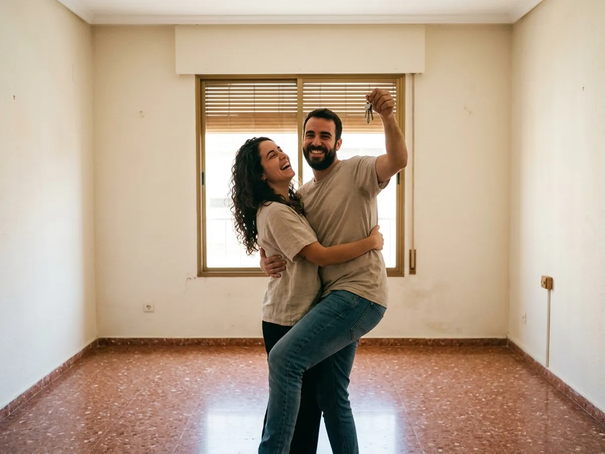 Pareja joven abrazada celebrando con las llaves en la mano en el salón vacío de su primera vivienda
