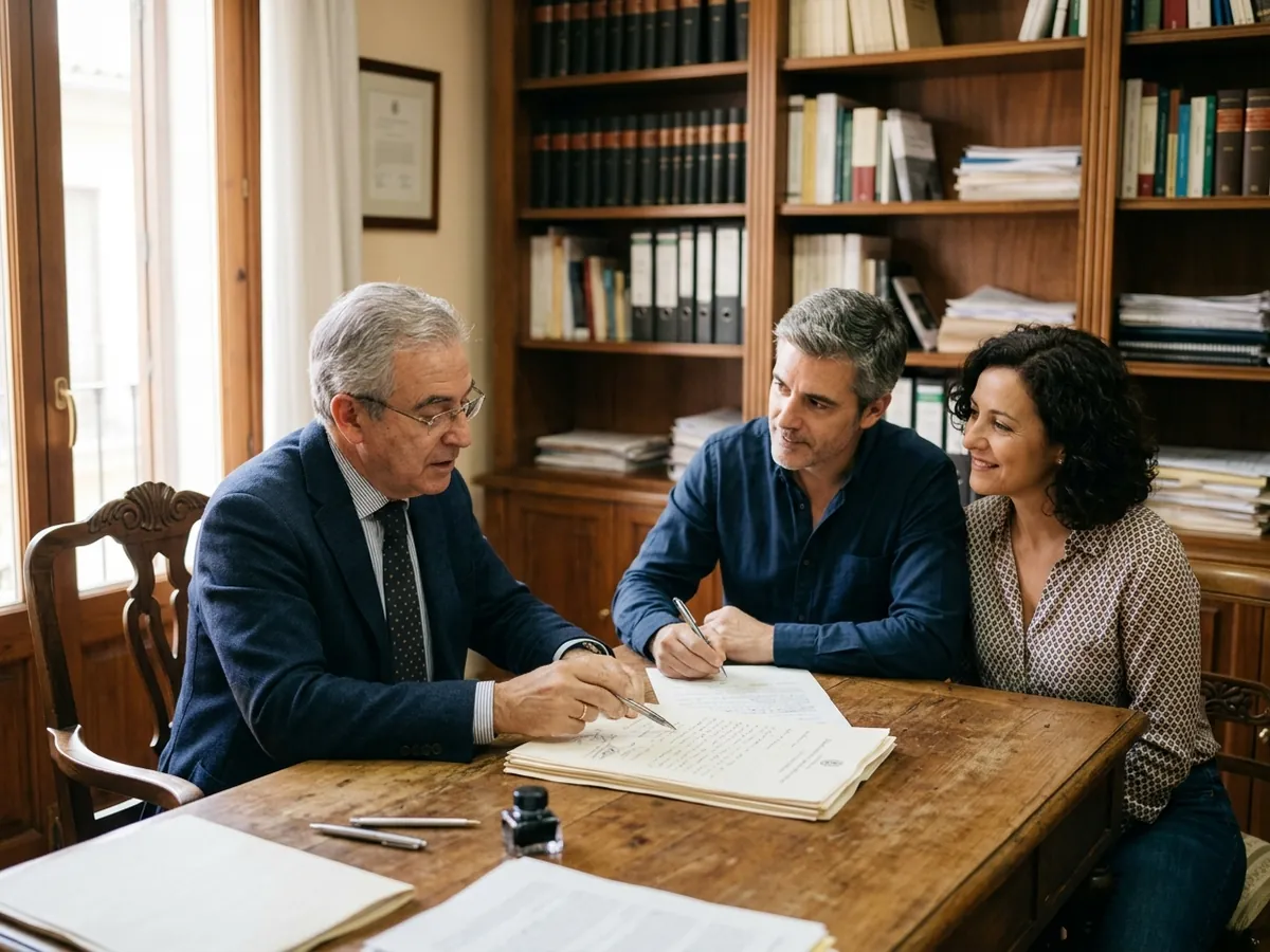 Pareja de unos cuarenta años firmando con calma la escritura mientras el notario les explica el documento