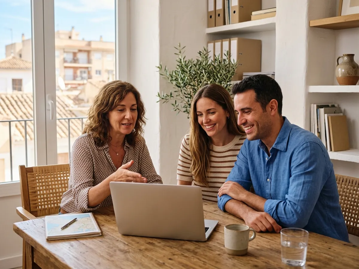 Asesora inmobiliaria haciendo la cuenta en un portátil junto a una pareja joven que sonríe aliviada
