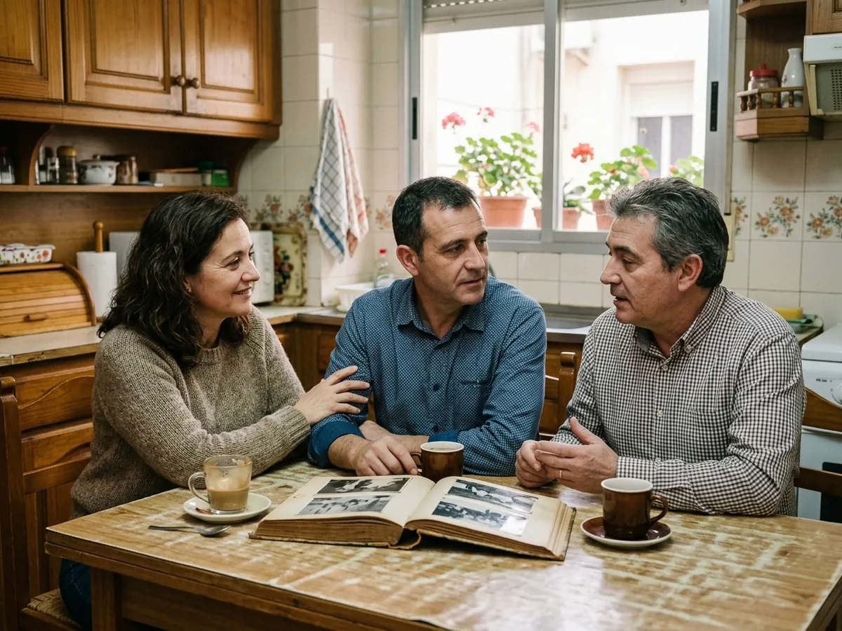 Tres hermanos conversando con serenidad en la cocina de la casa familiar junto a un álbum de fotos