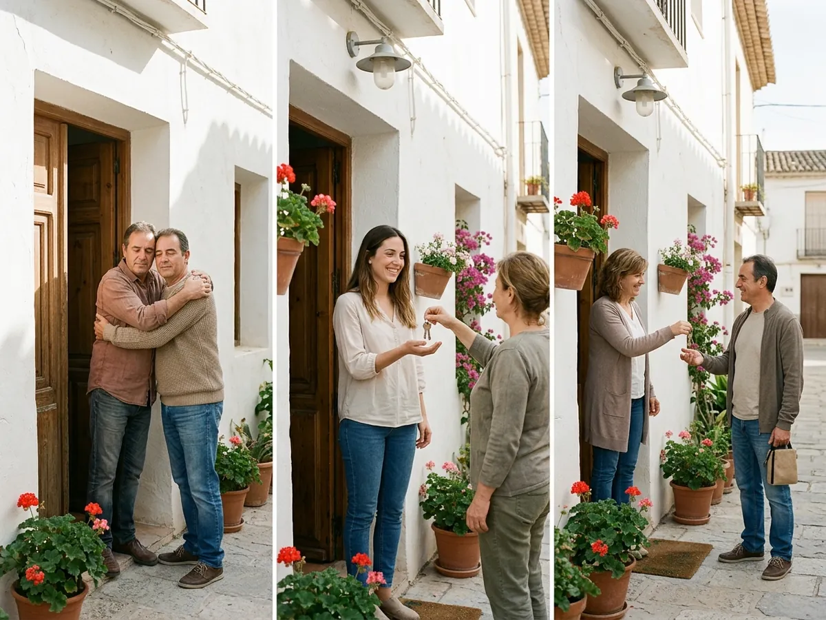 Tríptico de la misma casa: hermanos despidiéndose al venderla, una inquilina recibiendo llaves y una hermana dando las llaves a su hermano