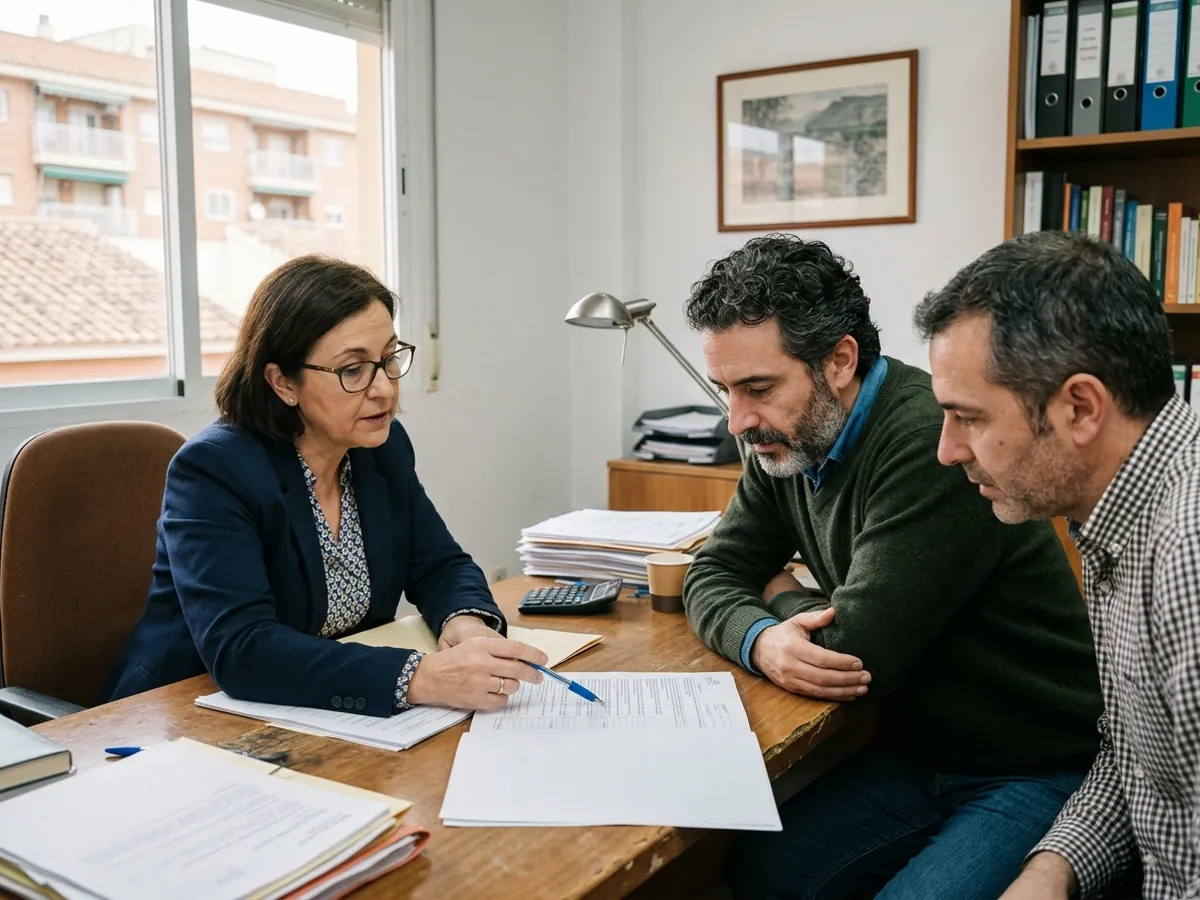 Asesora fiscal señalando un punto del documento de la herencia a dos hermanos que escuchan atentos