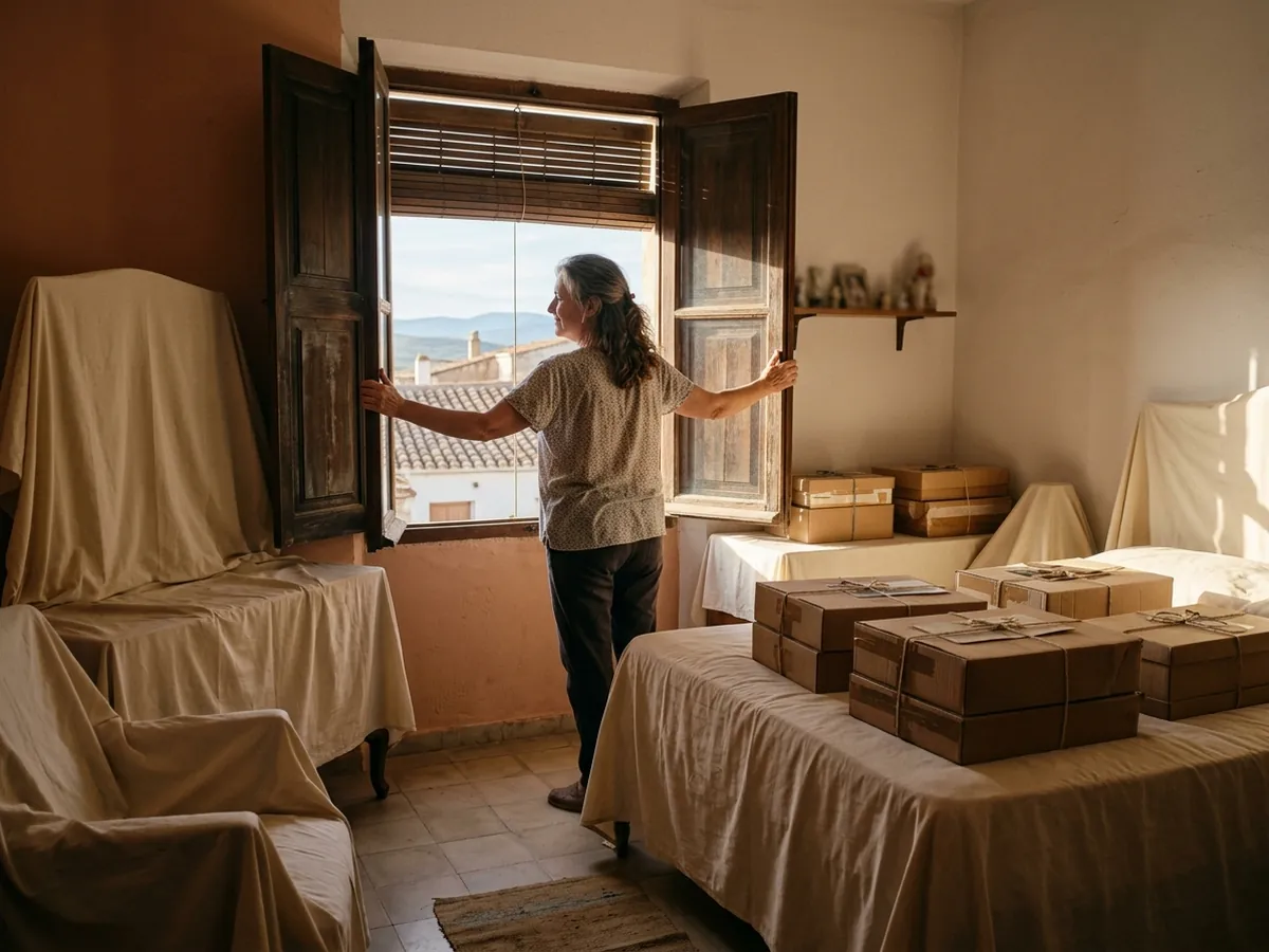 Mujer de unos cincuenta y cinco años abriendo las contraventanas de la casa familiar para dejar entrar la luz