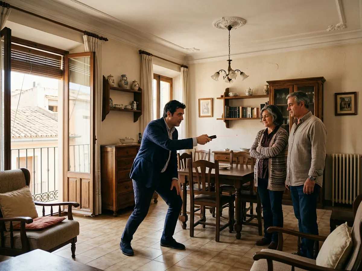 Asesor midiendo el salón de un piso heredado con un medidor láser mientras dos hermanos observan tranquilos