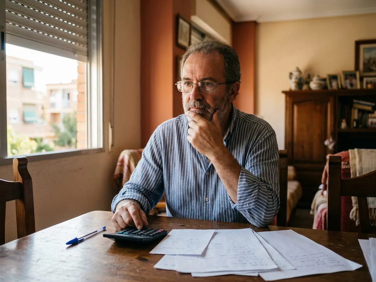 Propietario de unos sesenta años echando cuentas con calculadora en la mesa del comedor antes de decidir cómo vender su piso