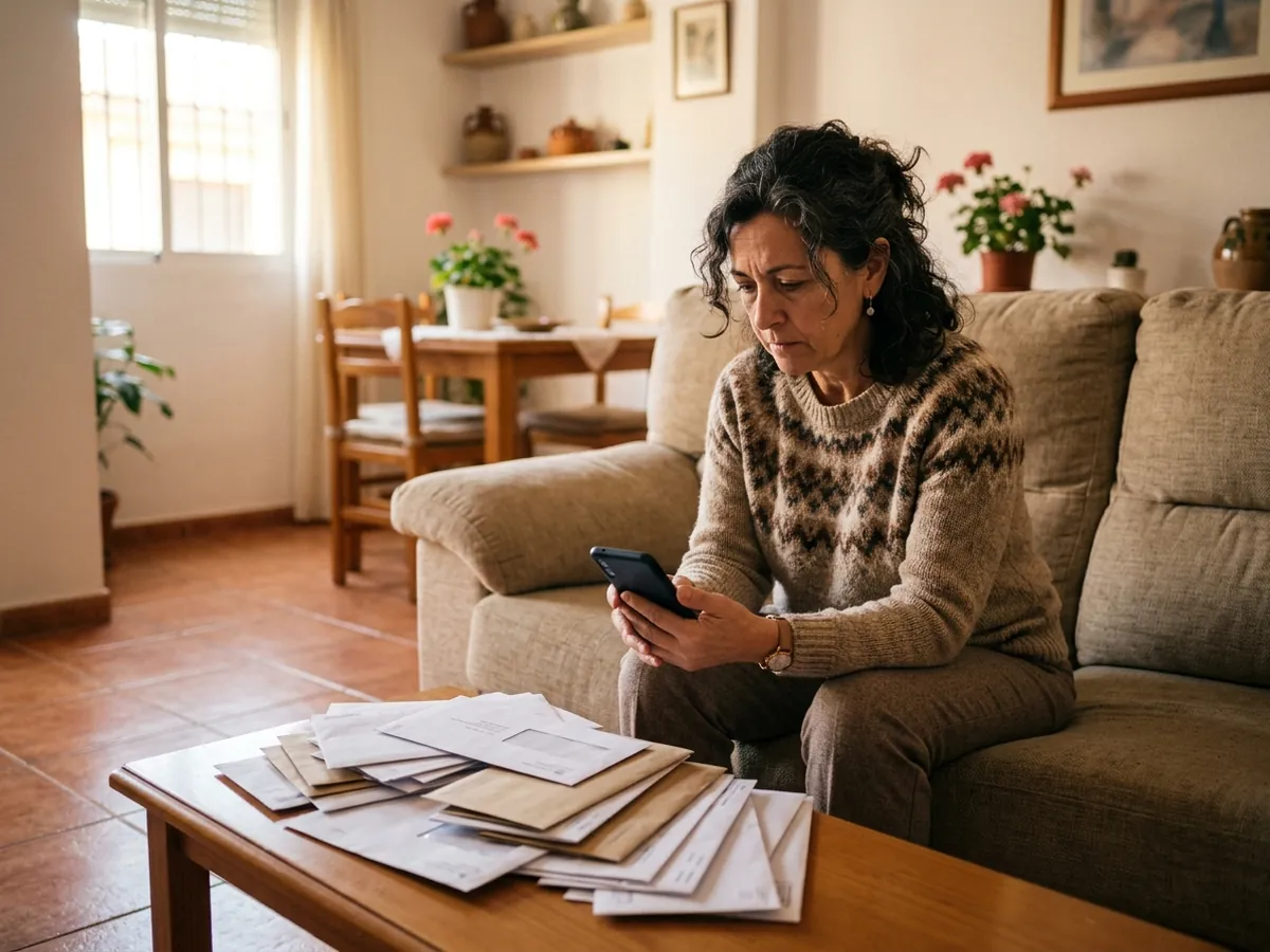 Propietaria mirando el móvil en su salón junto a varios recibos mientras espera llamadas de compradores para su piso