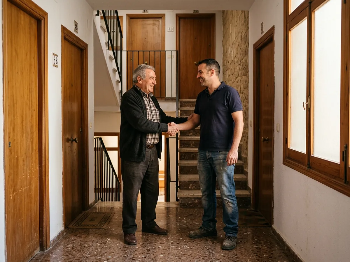 Dos vecinos se dan la mano sonrientes en el rellano de su edificio tras ponerse de acuerdo en la venta del piso