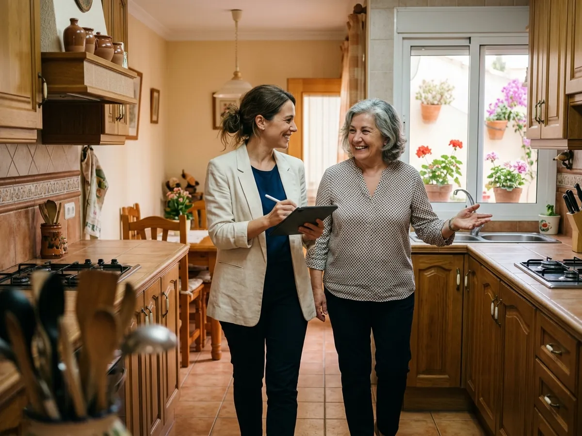 Asesora inmobiliaria tomando notas en una tableta mientras la propietaria le enseña la cocina de su casa durante una valoración