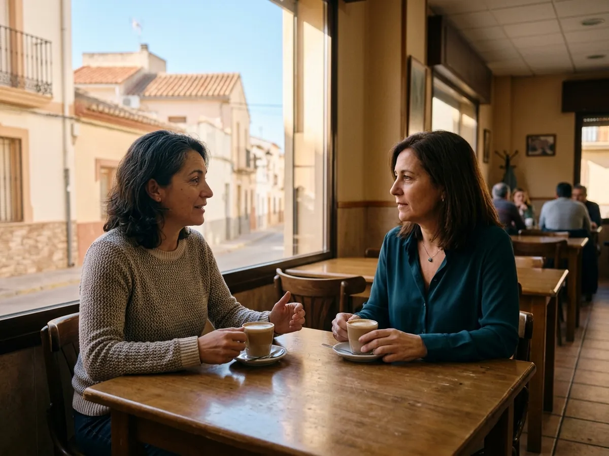 Mujer conversando con calma con una asesora ante dos tazas de café para empezar a buscar su nueva casa