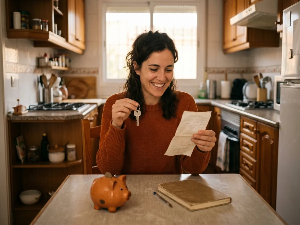Joven inquilina en su cocina sosteniendo una llave y un recibo mientras imagina pagar su propia casa en lugar del alquiler