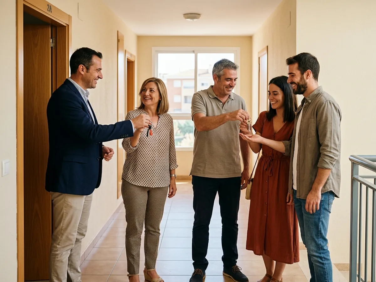 Pareja entregando las llaves de su piso a los compradores mientras su asesor les da ya las llaves de su nueva casa