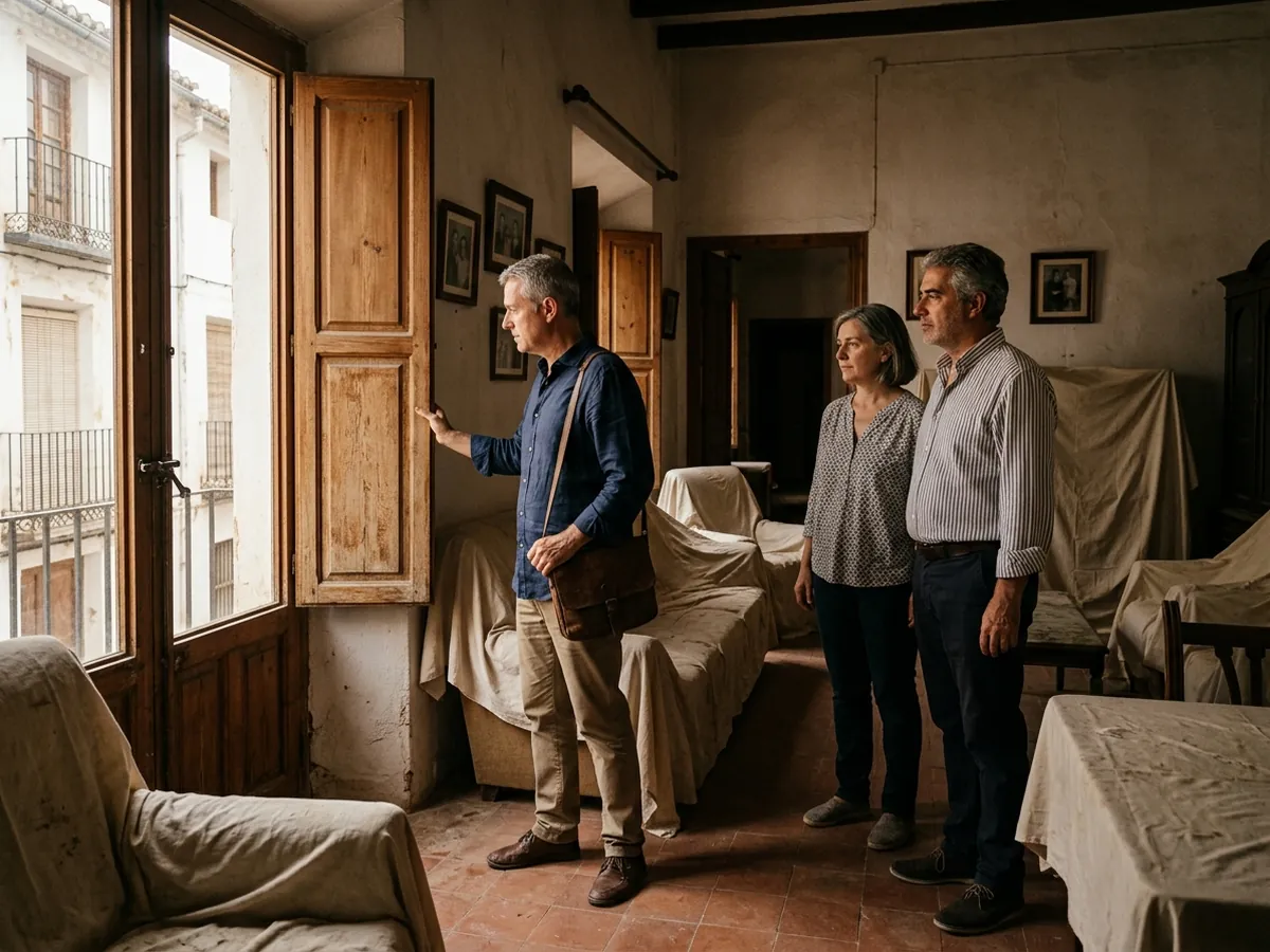 Dos hermanos y un asesor abren las contraventanas de la casa familiar heredada mientras la luz entra en el salón