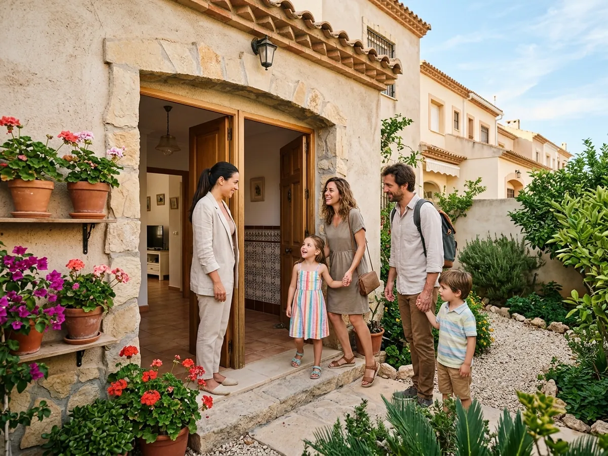 Asesora abriendo la puerta de una casa con patio a una familia con dos niños que entra con ilusión.