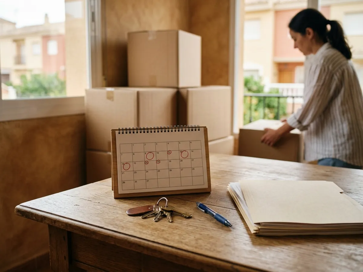 Calendario con fechas marcadas, llaves y documentos ordenados junto a cajas de mudanza preparadas.