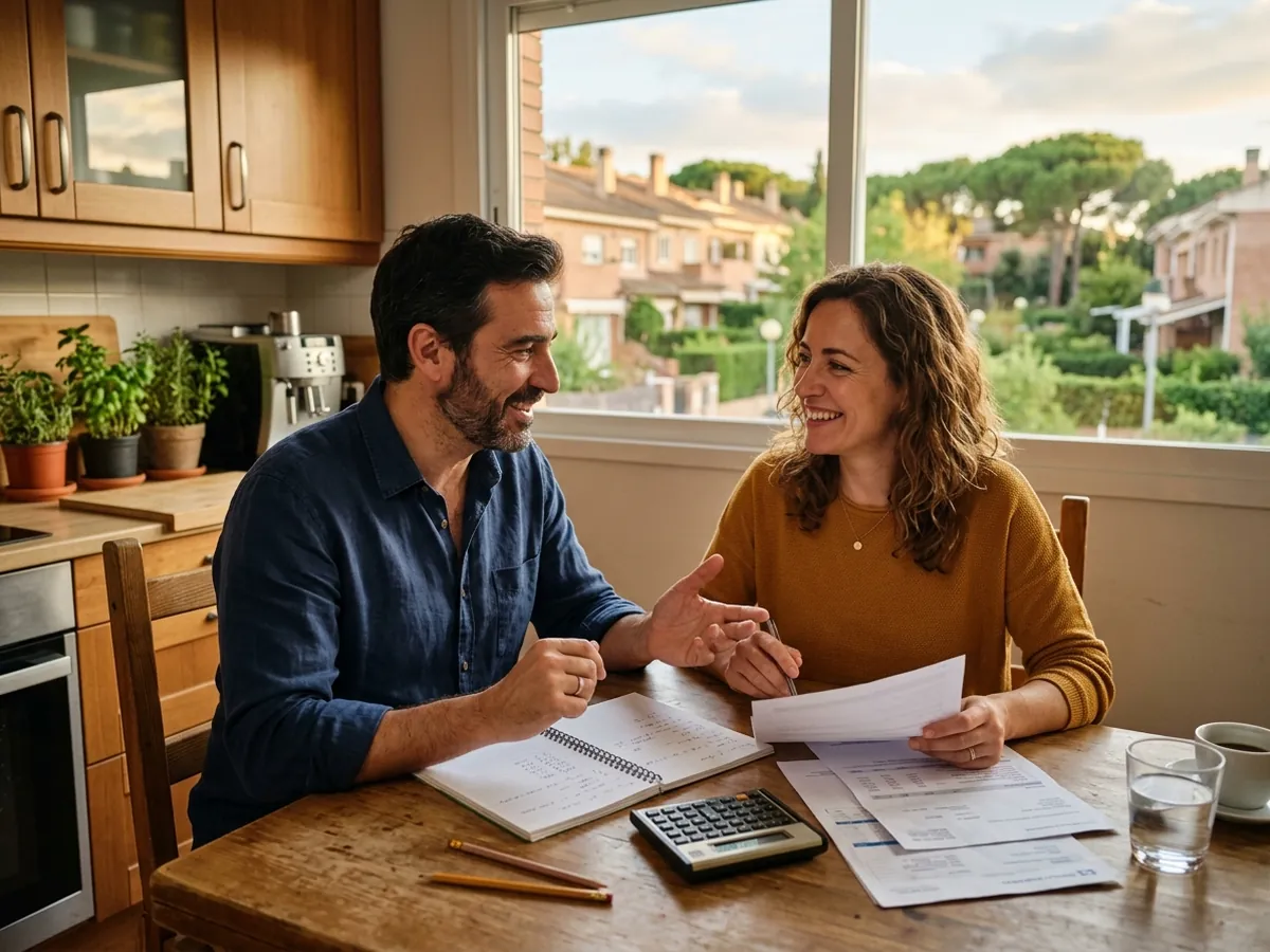 Pareja en la cocina de su casa haciendo cuentas con calma para saber si pueden comprar la siguiente.
