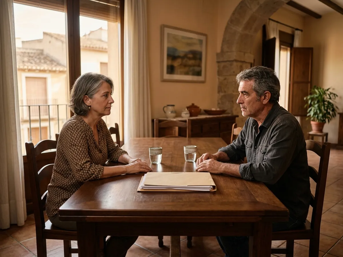 Un hombre y una mujer de unos 50 años sentados en los extremos opuestos de la mesa del comedor, con una carpeta de documentos entre ambos