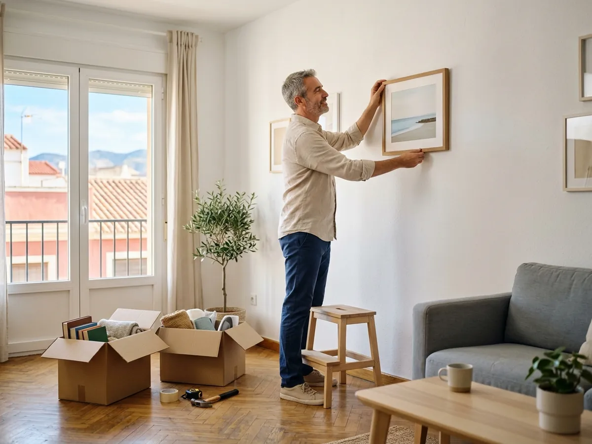 Un hombre de unos 50 años, canoso y con camisa clara, colgando un cuadro con calma en el salón luminoso de un piso nuevo, con un par de cajas abiertas
