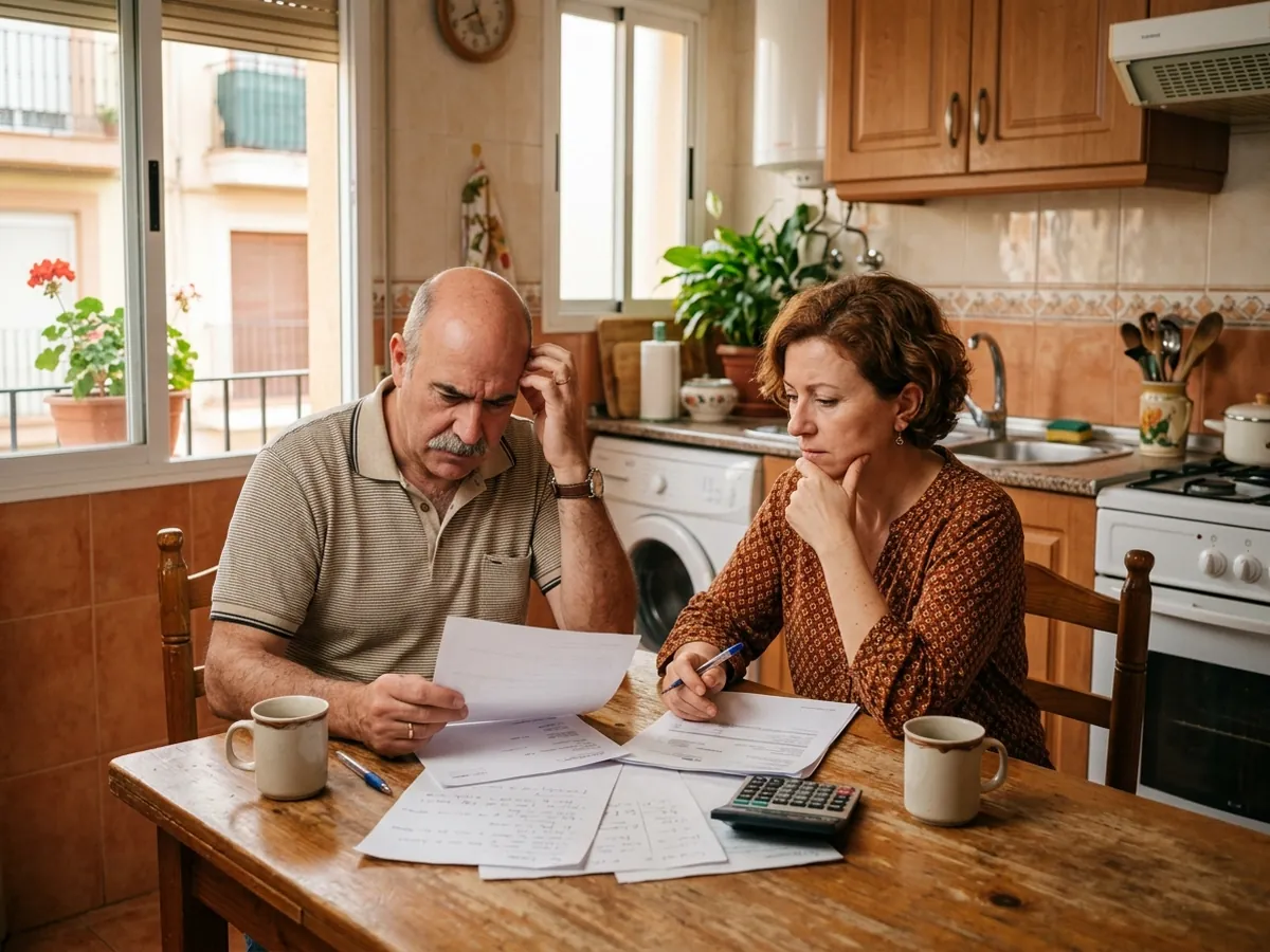 Un matrimonio de unos 55 años, él calvo con bigote y ella con pelo corto pelirrojo, en la cocina de su piso revisando papeles con gesto de duda, sin saber qué hacer primero