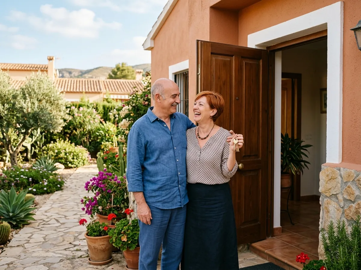 Matrimonio de unos 55 años sonriendo en la puerta de su nueva casa con jardín, ella con las llaves en la mano