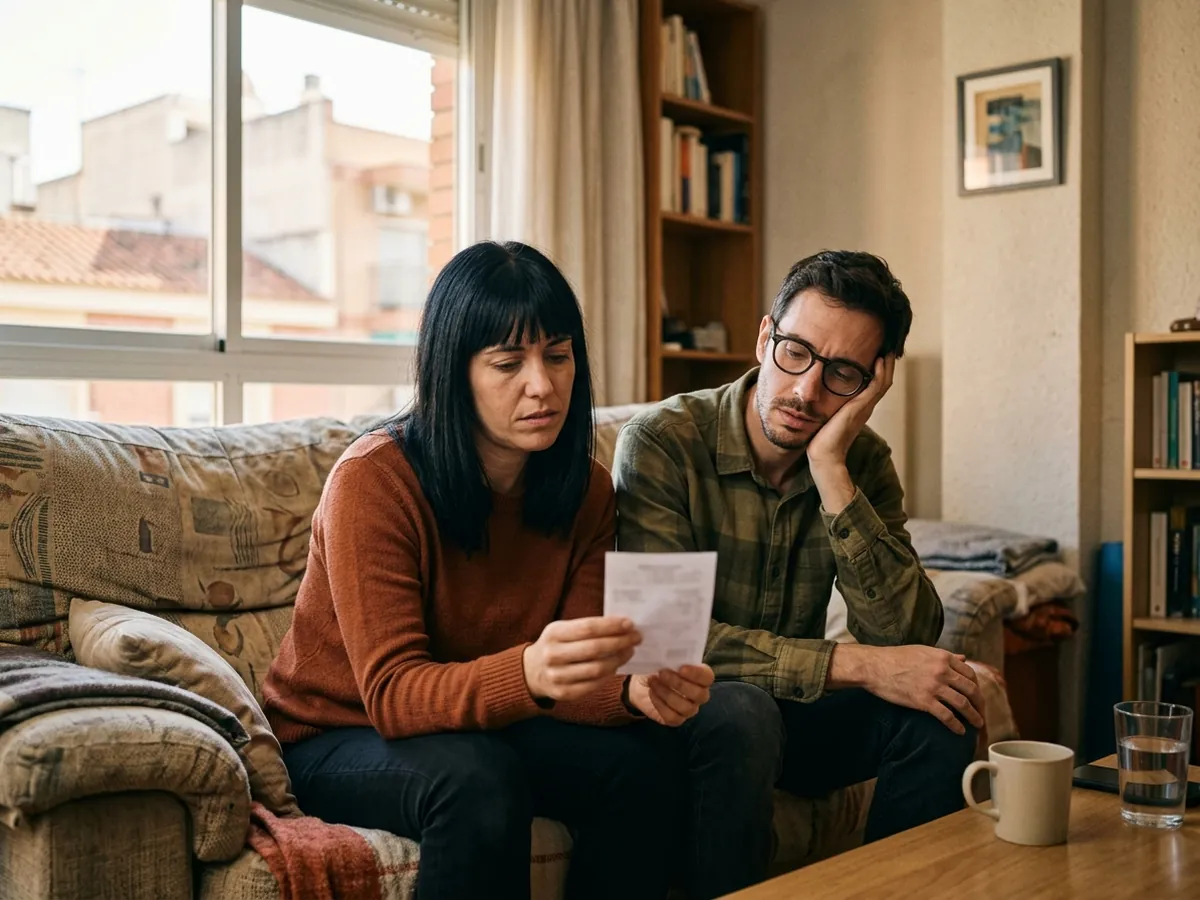 Una pareja de unos 30 años en el sofá de su piso de alquiler mirando un recibo con gesto de cansancio