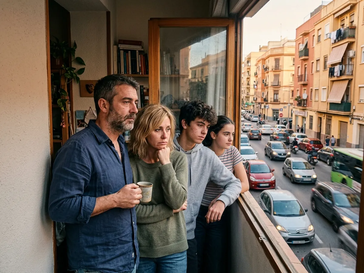 Una familia con dos hijos adolescentes en un piso estrecho de una gran ciudad, mirando por la ventana una calle con mucho tráfico