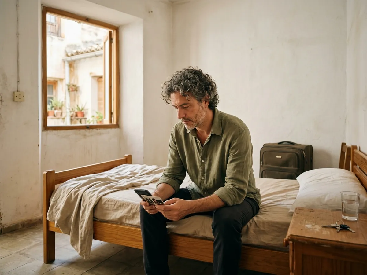 Un hombre de unos 42 años con pelo rizado gris, sentado en el borde de la cama de un piso de alquiler temporal casi vacío, mirando fotos en el móvil, pensativo