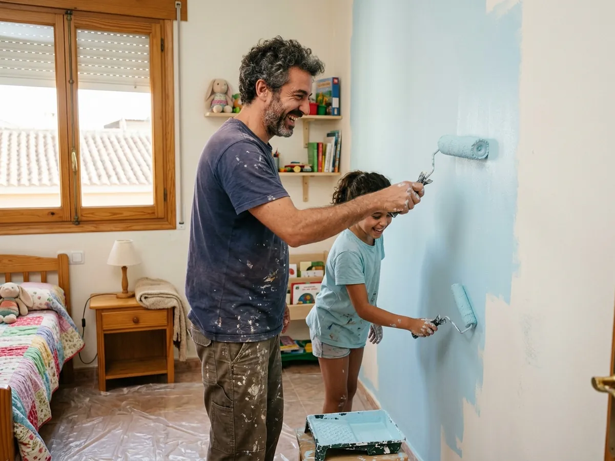 Hombre de unos 42 años con pelo rizado gris pintando de azul claro la pared del dormitorio de su hija en su casa nueva